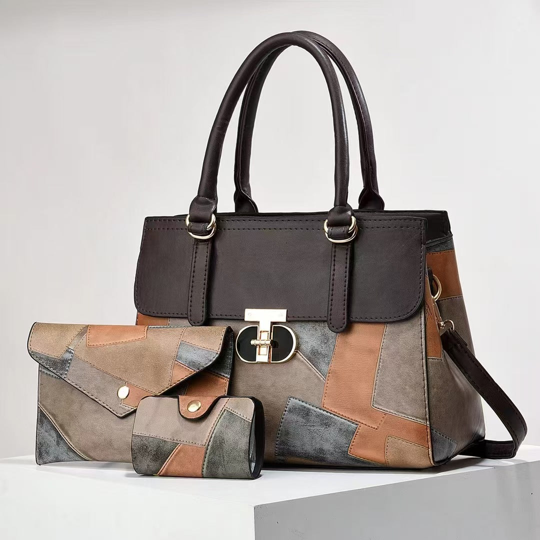 Fashionable New Contrast-color Patchwork Mother-and-child Bag THRU7