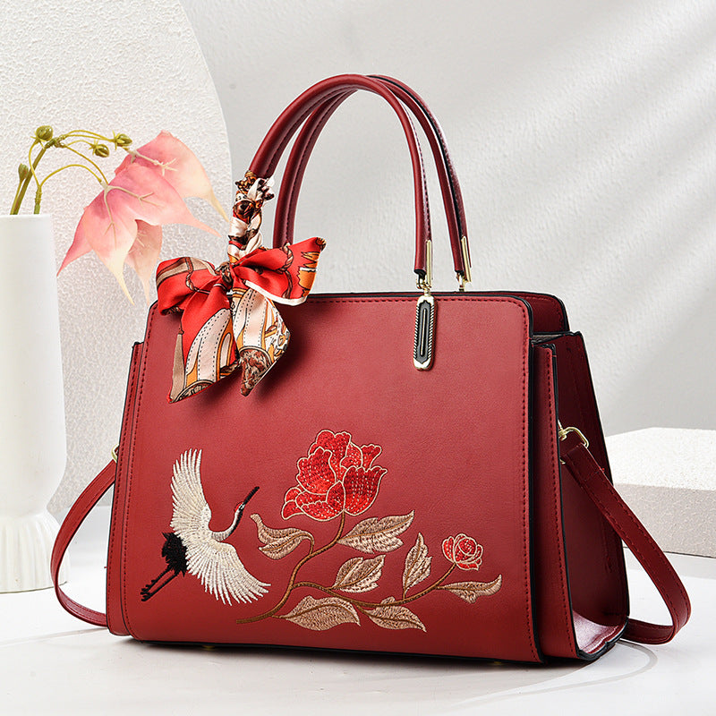 Womens New Chinese-Style National-Flair Embroidered Crane Fashion Crossbody Tote Bag THRU7