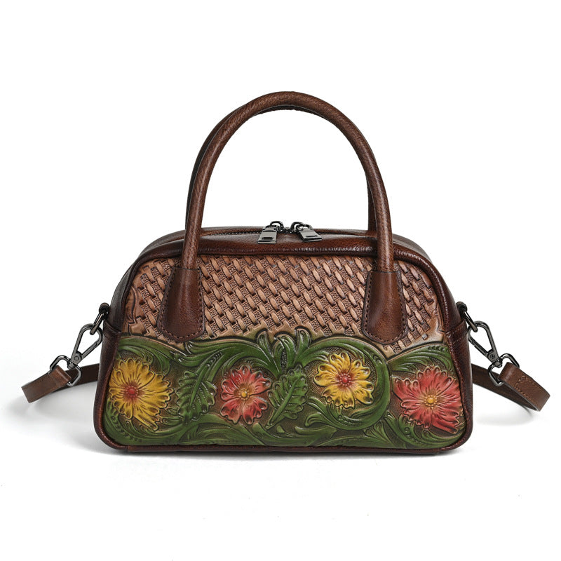 Retro Ethnic-style Full-grain Leather Shoulder Bag For Women THRU7