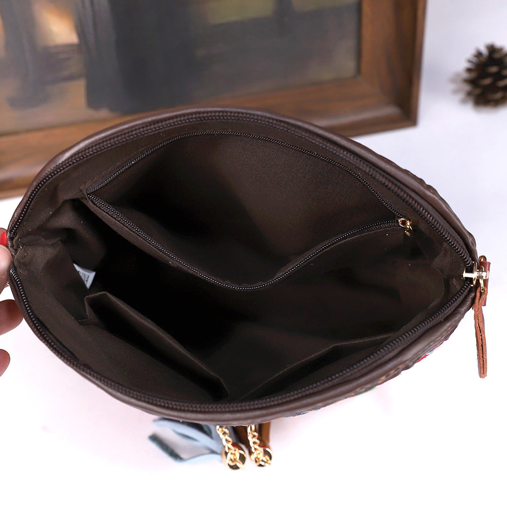 Womens First-Layer Colored Leather Shoulder Bag With Woven Design THRU7