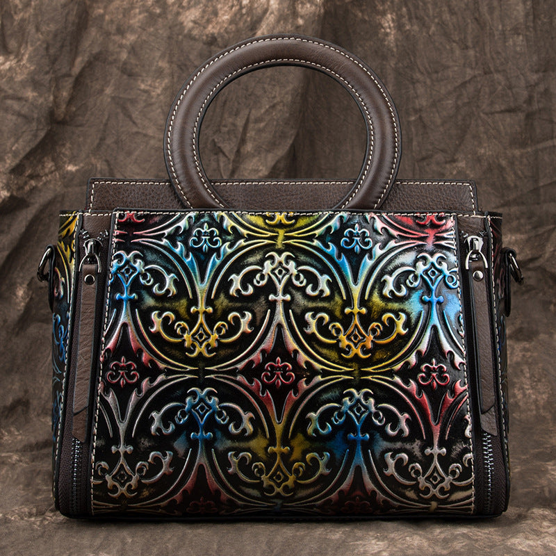 Retro First-Layer Cowhide Embossed Handbag Shoulder Crossbody Bag THRU7