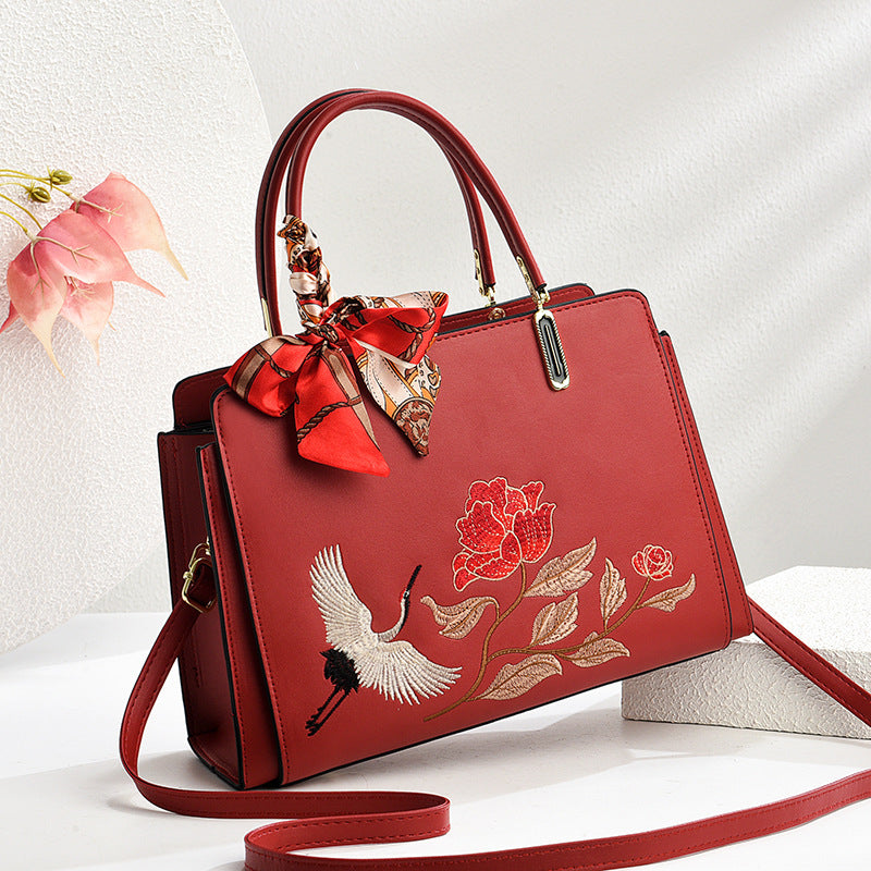 Womens New Chinese-Style National-Flair Embroidered Crane Fashion Crossbody Tote Bag THRU7