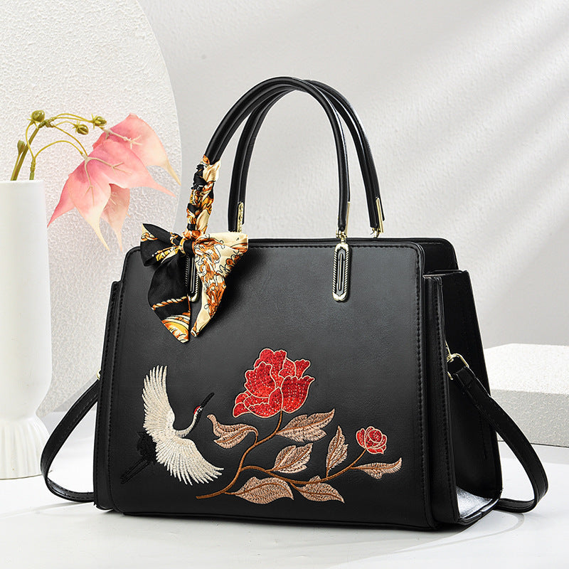 Womens New Chinese-Style National-Flair Embroidered Crane Fashion Crossbody Tote Bag THRU7