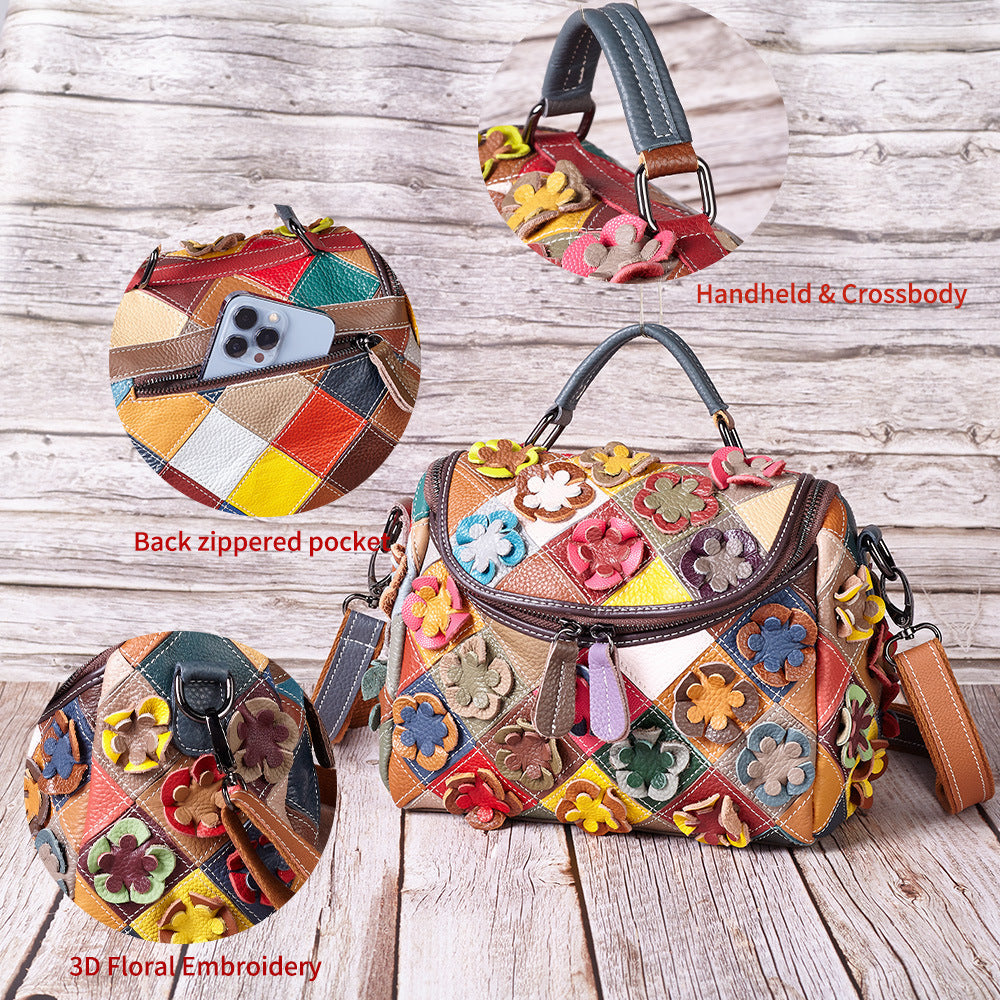 Full-grain Leather Handmade Floral Contrast-color Patchwork Tote Shoulder Bag THRU7
