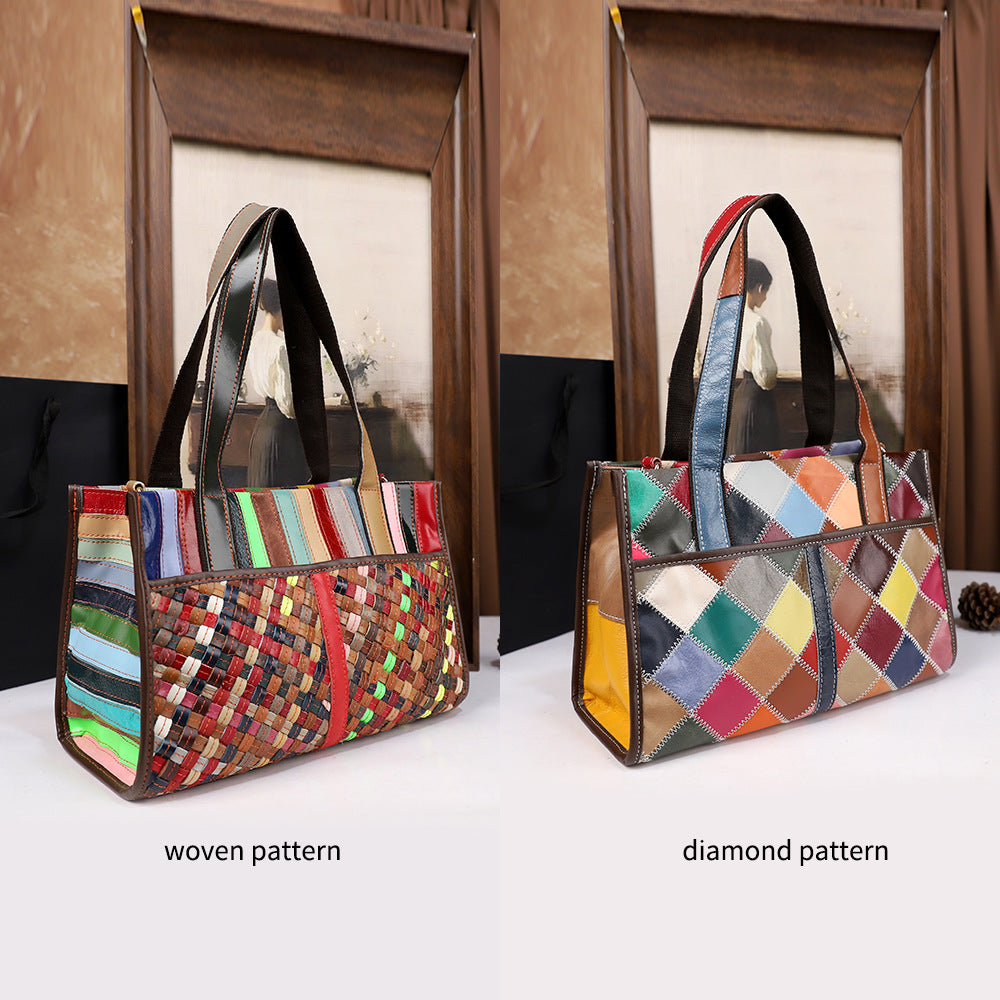 Vintage Womens Handheld Leather Patchwork Color-Blocked Woven Bag THRU7