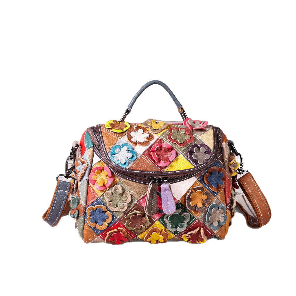 Full-grain Leather Handmade Floral Contrast-color Patchwork Tote Shoulder Bag THRU7
