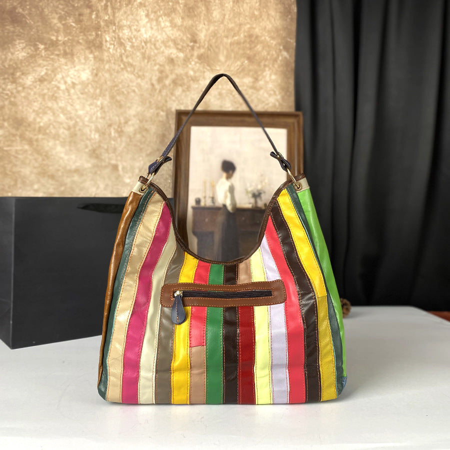 Womens Large-Capacity Bag Made From Color-Blocked First-Layer Cowhide Leather THRU7