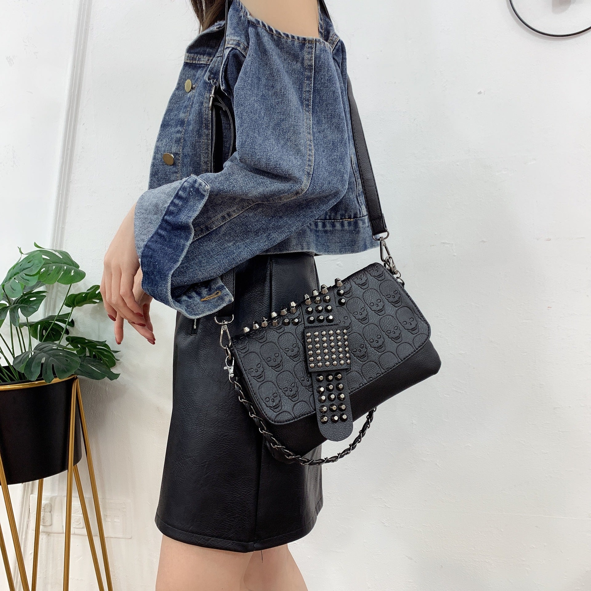 Womens Rivet Embossed Black Skull Shoulder Crossbody Bag THRU7