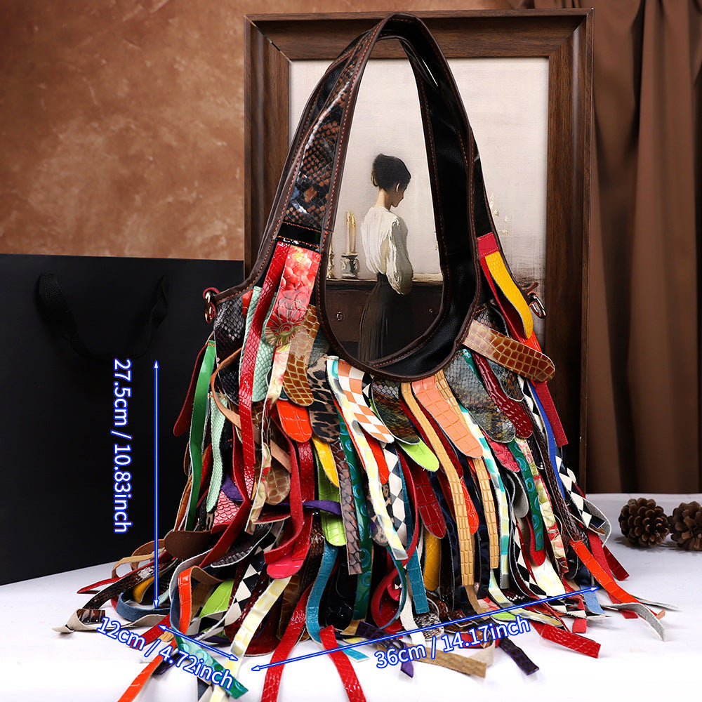 Tasseled Cowhide Tote Bag With Large Capacity And Crossbody Strap THRU7