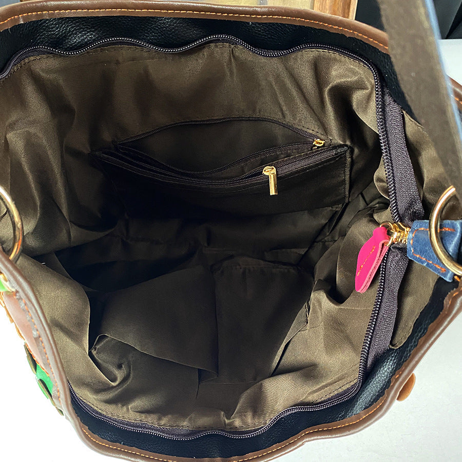 Womens Large-Capacity Bag Made From Color-Blocked First-Layer Cowhide Leather THRU7