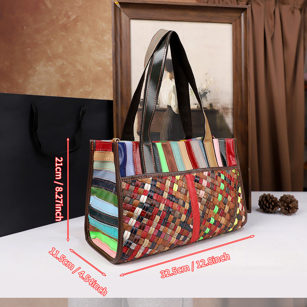 Vintage Womens Handheld Leather Patchwork Color-Blocked Woven Bag THRU7