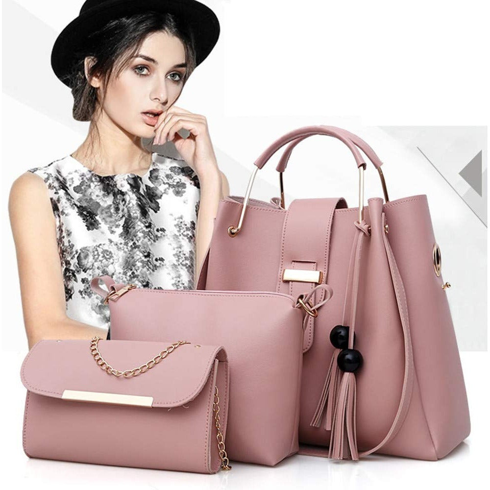 Womens Purse And Handbag 3Pcs Bag Set Tassel Tote Clutch Satchel Top Handle Shoulder Bag THRU7