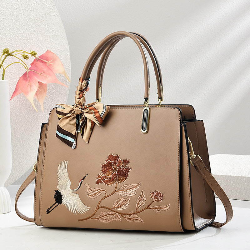 Womens New Chinese-Style National-Flair Embroidered Crane Fashion Crossbody Tote Bag THRU7