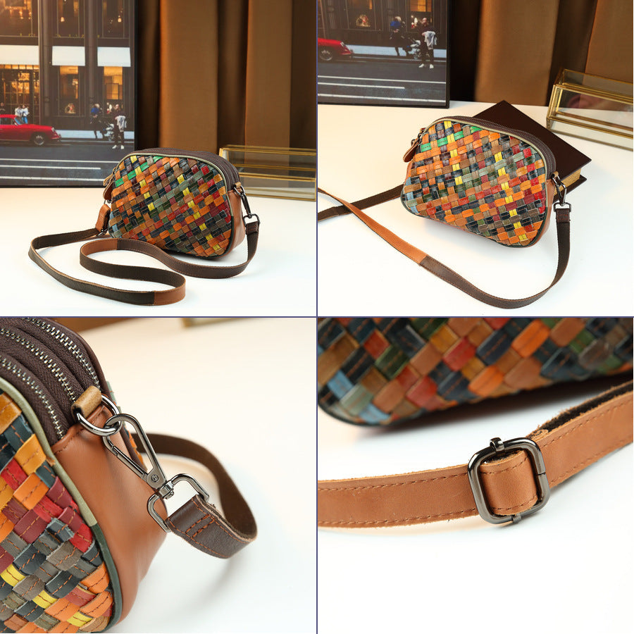 Womens Fashionable Genuine Leather Woven Shoulder Crossbody Bag THRU7