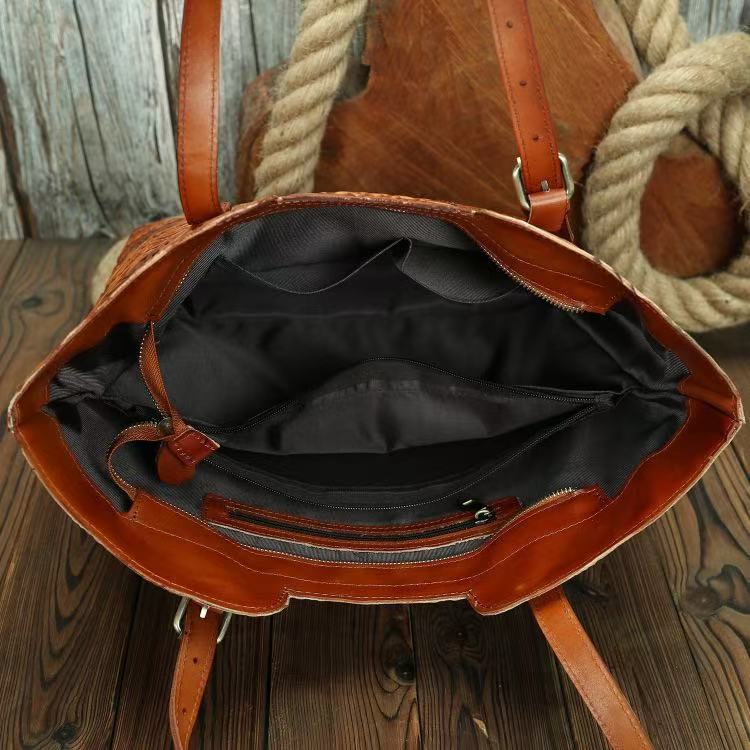 Vintage Embossed Full-Grain Leather Large-Capacity Tote Bag THRU7