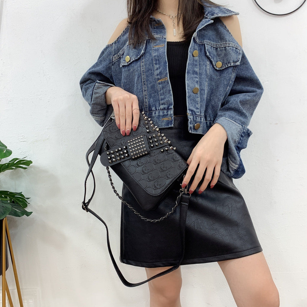 Womens Rivet Embossed Black Skull Shoulder Crossbody Bag THRU7