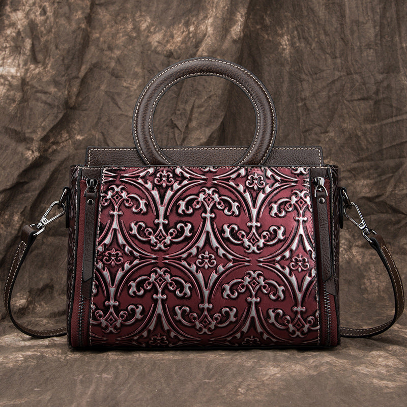 Retro First-Layer Cowhide Embossed Handbag Shoulder Crossbody Bag THRU7