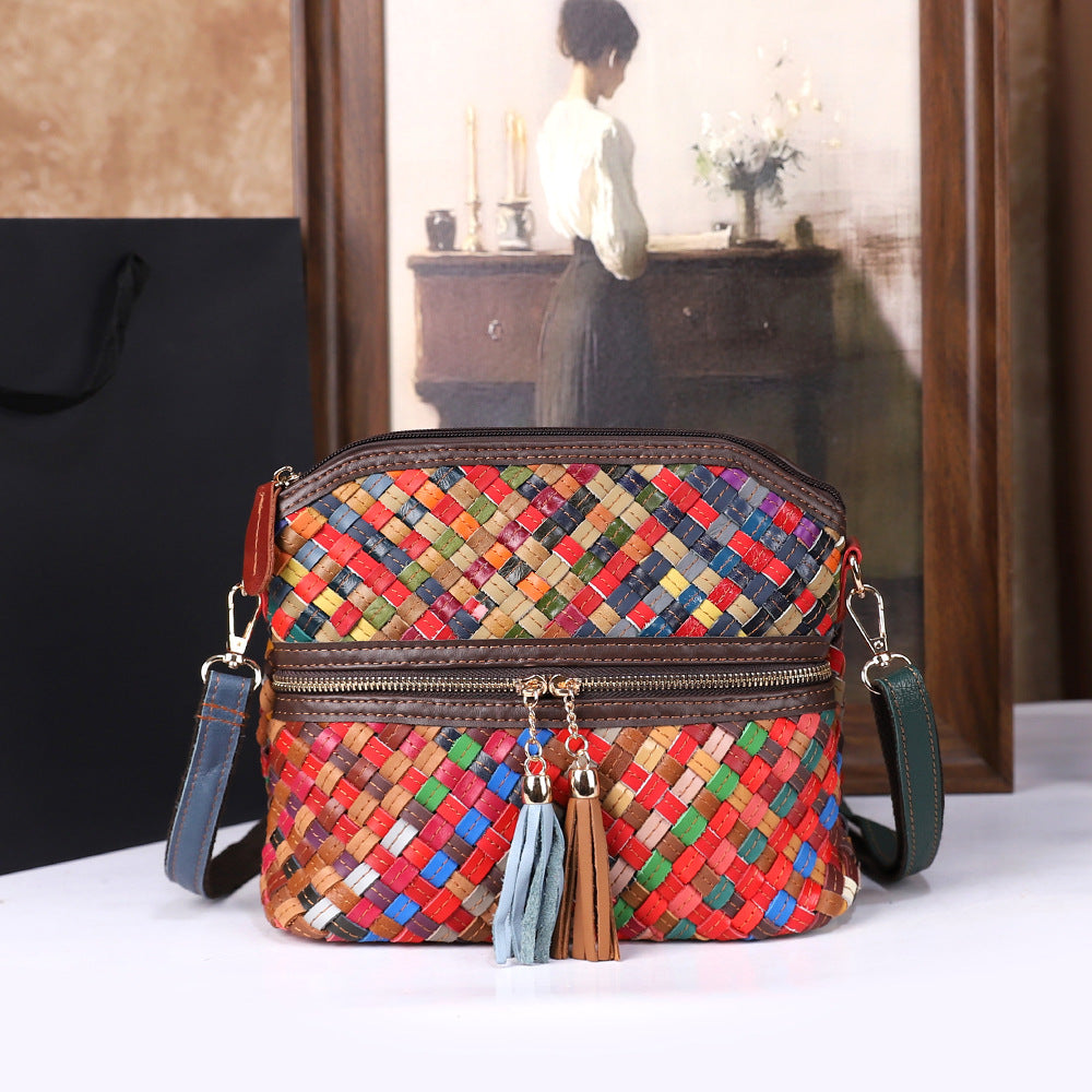 Womens First-Layer Colored Leather Shoulder Bag With Woven Design THRU7