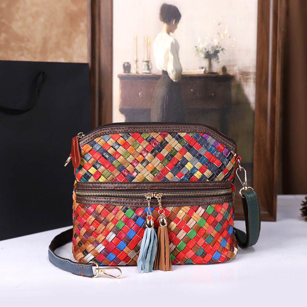 Womens First-Layer Colored Leather Shoulder Bag With Woven Design THRU7
