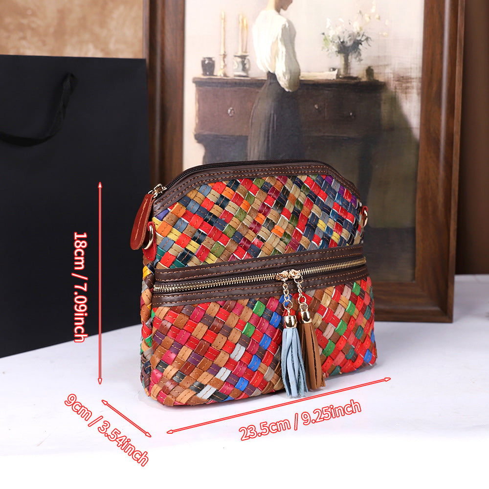 Womens First-Layer Colored Leather Shoulder Bag With Woven Design THRU7