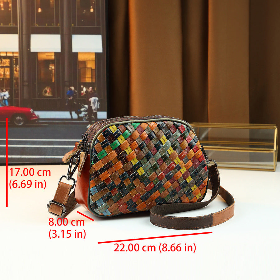 Womens Fashionable Genuine Leather Woven Shoulder Crossbody Bag THRU7