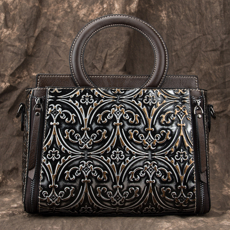Retro First-Layer Cowhide Embossed Handbag Shoulder Crossbody Bag THRU7