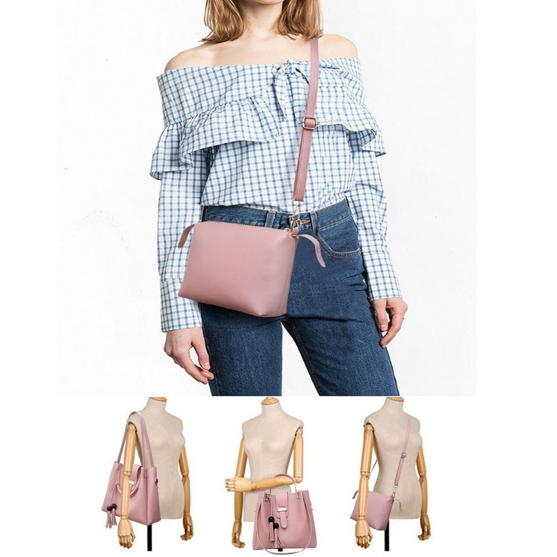 Womens Purse And Handbag 3Pcs Bag Set Tassel Tote Clutch Satchel Top Handle Shoulder Bag THRU7