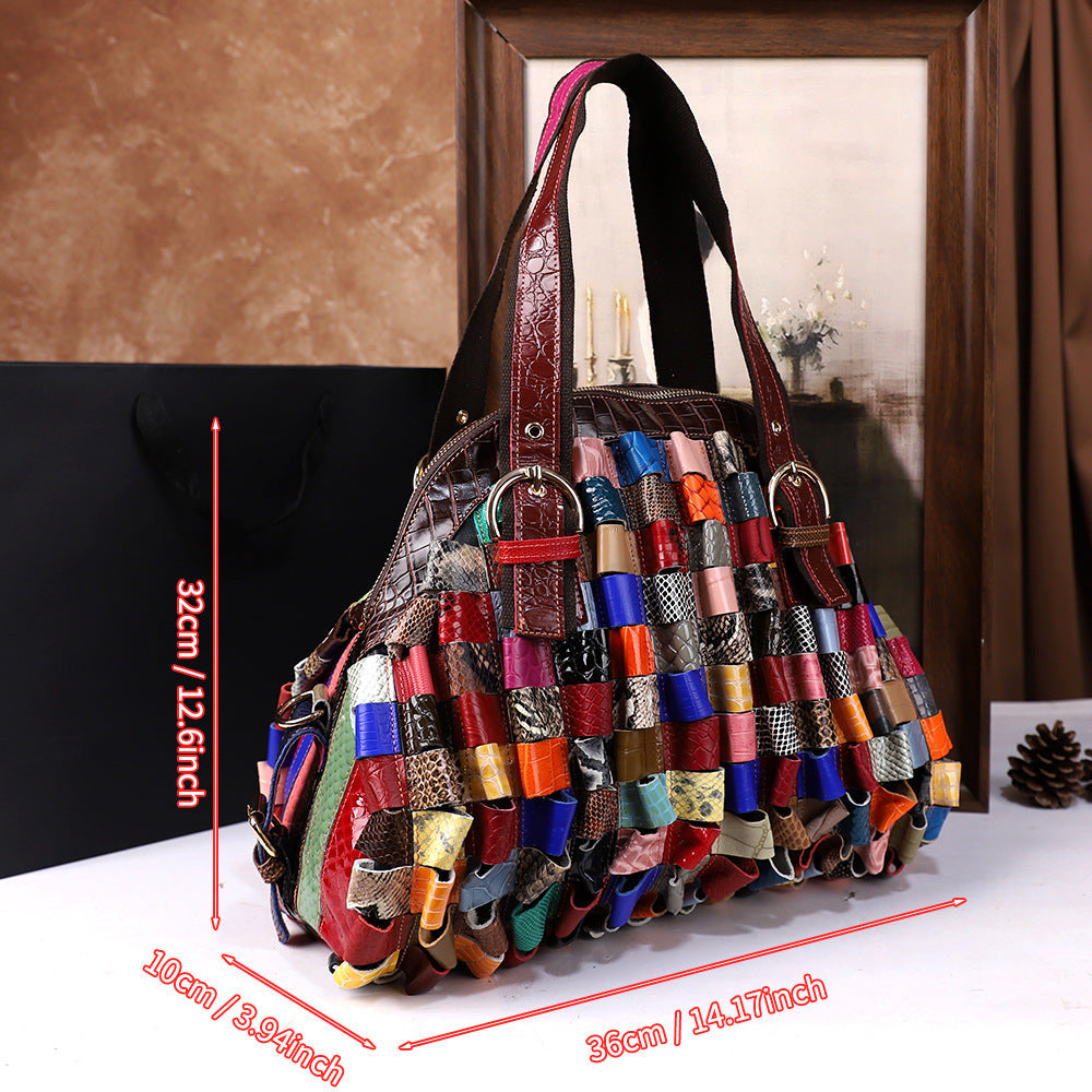 Woven Large-Capacity Cowhide Shoulder Tote Bag For Women THRU7
