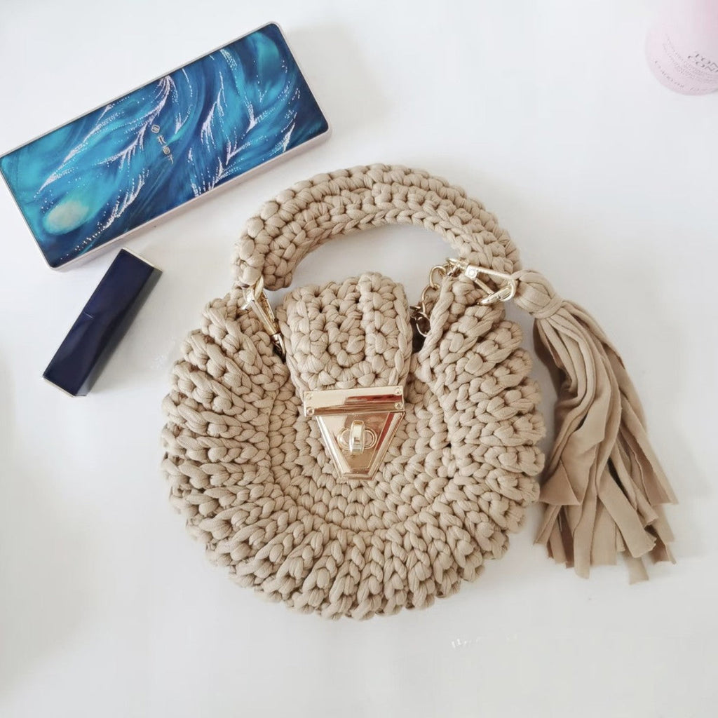 Bohemian Womens Solid-Colored Fabric-Strap Crochet Bag THRU7