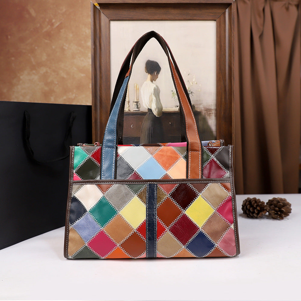 Vintage Womens Handheld Leather Patchwork Color-Blocked Woven Bag THRU7