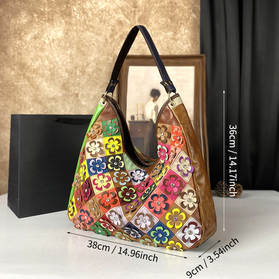 Womens Large-Capacity Bag Made From Color-Blocked First-Layer Cowhide Leather THRU7